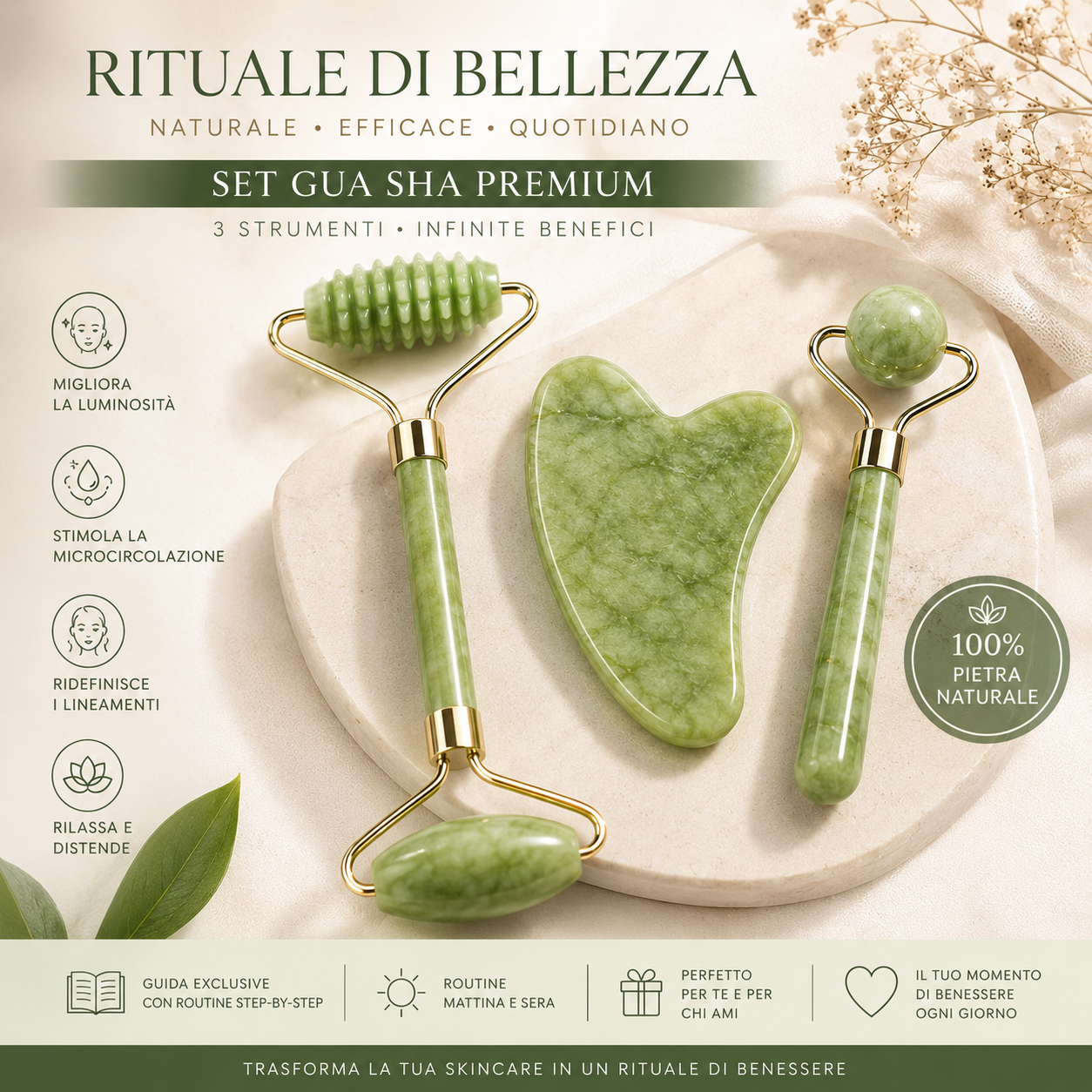 Kit Rituale Gua Sha | Giada Naturale | 3 Pezzi